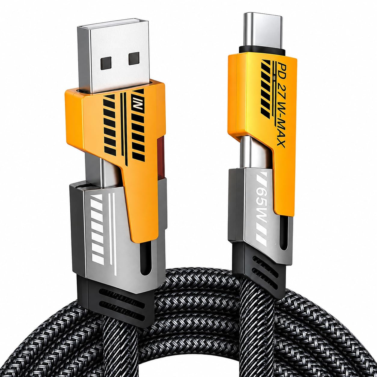 4-In-1 USB-C Charging Cable, Tangle-Free Nylon Braided Multi Charging Cord, USB-A & USB-C Inputs, PD 27W Fast Charge, Compatible with Iphone, USB-C Devices, Tablets & Phones (6.6FT)