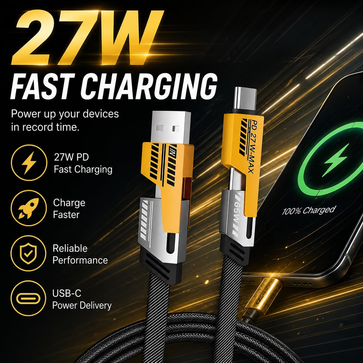 4-In-1 USB-C Charging Cable, Tangle-Free Nylon Braided Multi Charging Cord, USB-A & USB-C Inputs, PD 27W Fast Charge, Compatible with Iphone, USB-C Devices, Tablets & Phones (6.6FT)