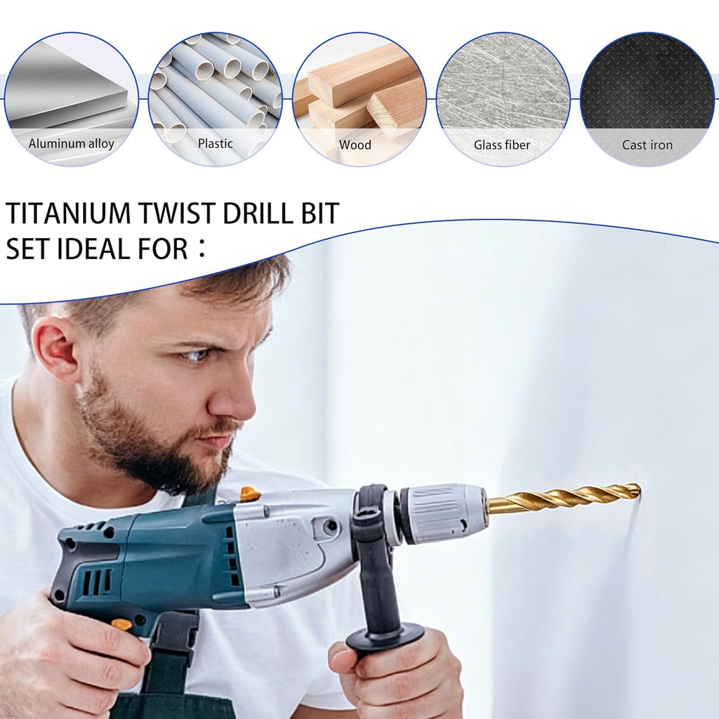 230 Pcs Titanium-Coated Twist Drill Bit Set, 3/64" to 1/2" | 135° Split Point, High-Speed Steel Bits, for Metal, Wood, Plastic, Aluminum, Cast Iron & Fiberglass