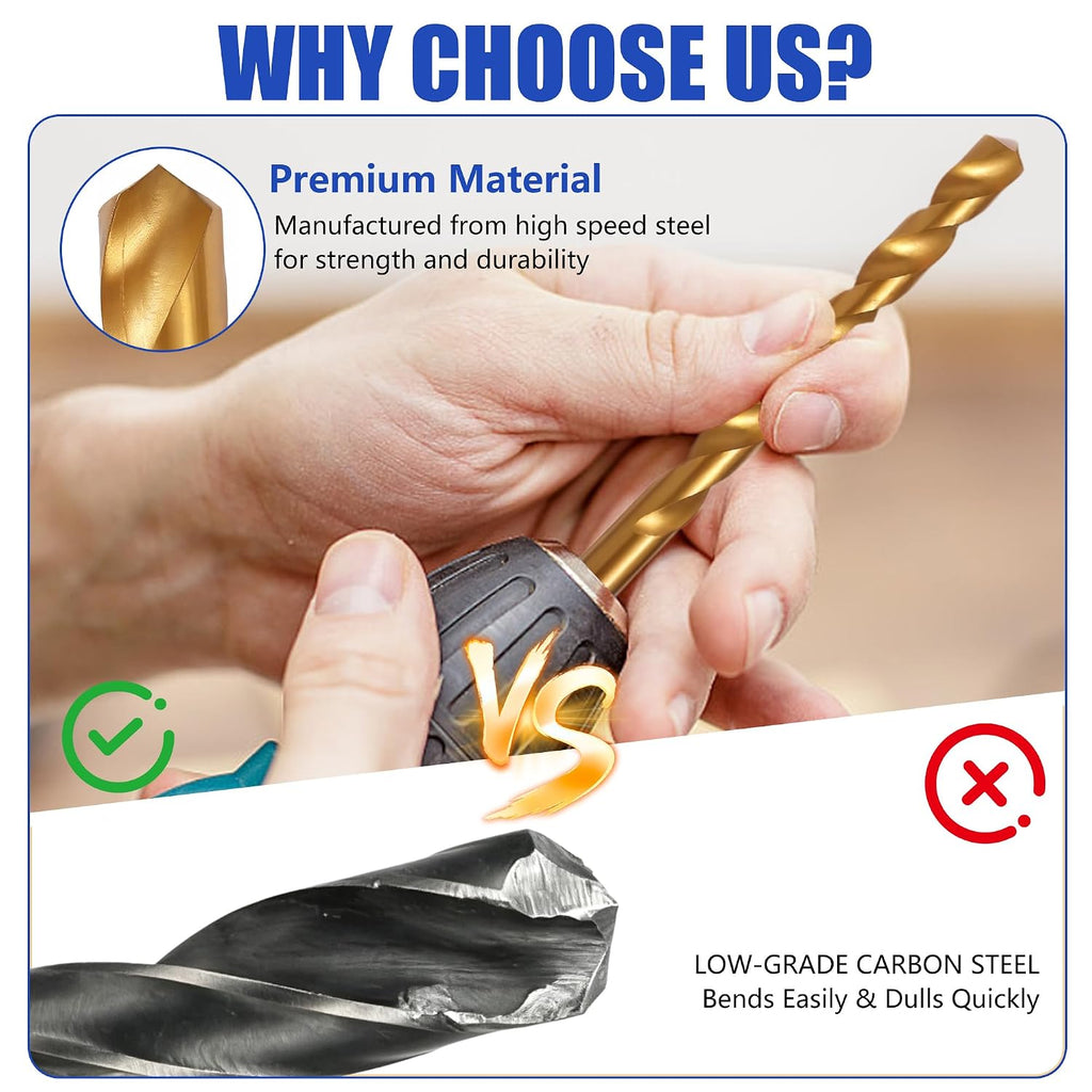 230 Pcs Titanium-Coated Twist Drill Bit Set, 3/64" to 1/2" | 135° Split Point, High-Speed Steel Bits, for Metal, Wood, Plastic, Aluminum, Cast Iron & Fiberglass