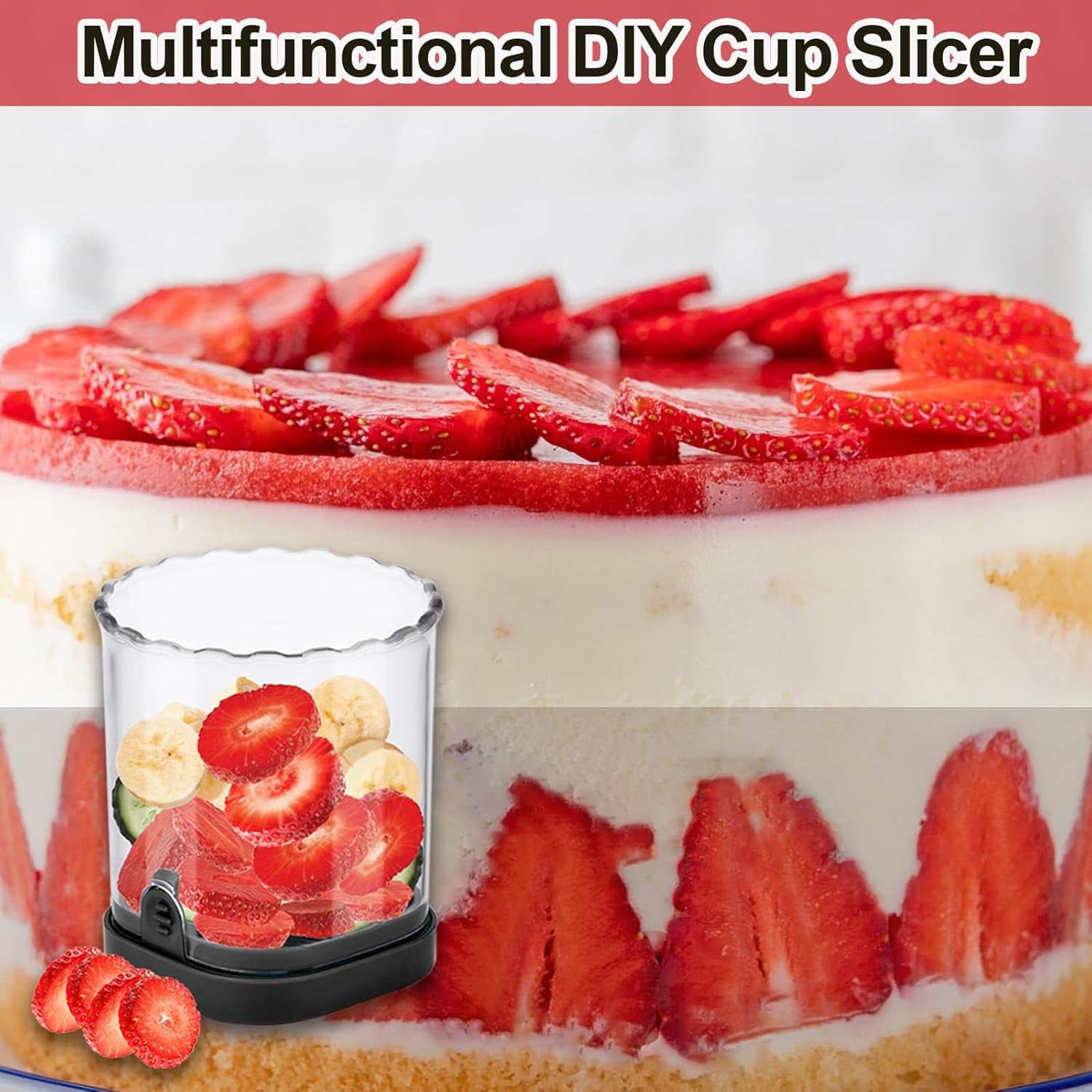 Strawberry Slicer, Black, 1-Pack | Stainless Steel Blades, Egg & Fruit Slicer Cup, for Banana, Cucumber, Mushroom, ABS Detachable, Precision Berry Cutter Tool