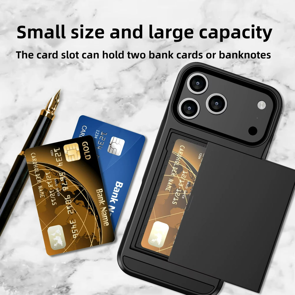 Case for Iphone 17 Pro Max 16 Pro Max 15 Pro 17E 14 13 12 Wallet Card Holder Slide Slot Slim Hard PC Heavy Duty Protective Cover