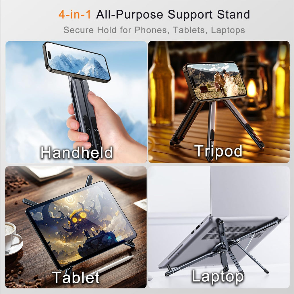 4-In-1 Foldable Laptop Stand, Portable Magnetic Phone Holder | N55 Magnets Magsafe Compatible, Pocket-Sized Tripod Handle for Macbook, Ipad, Travel & Vlog, Adjustable Ergonomic View Mount