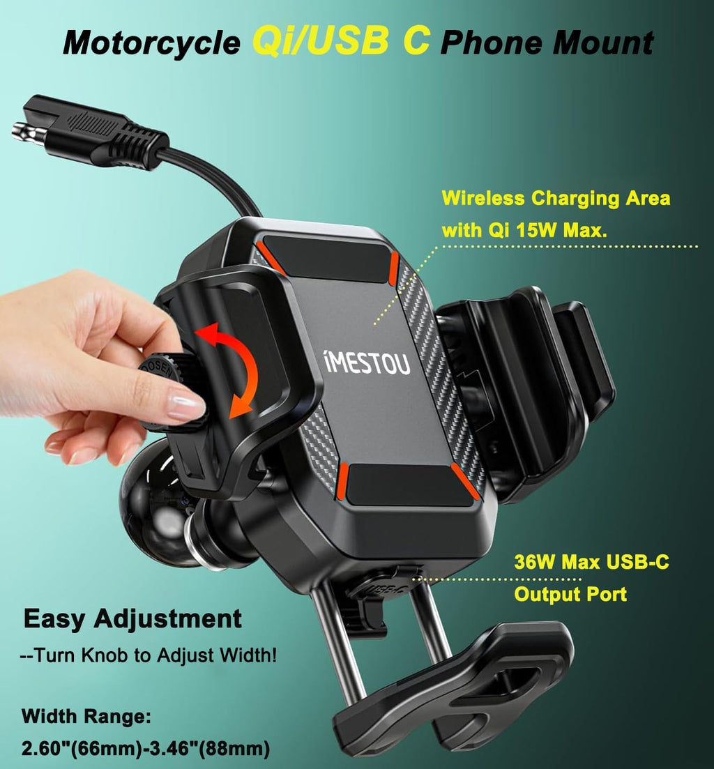 Premium Motorcycle Phone Mount with 15W Wireless Charger & 36W USB-C Port - Shock Absorbing Design for 5.4"-7.2" Phones, Compatible with 12-24V Vehicles
