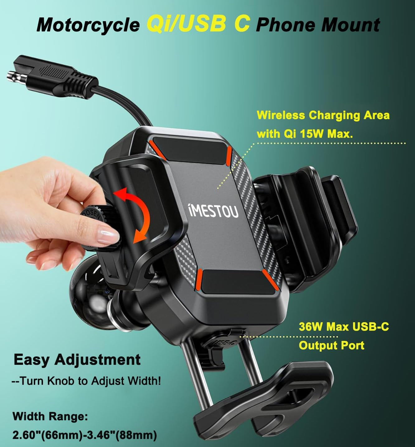 Premium Motorcycle Phone Mount with 15W Wireless Charger & 36W USB-C Port - Shock Absorbing Design for 5.4"-7.2" Phones, Compatible with 12-24V Vehicles