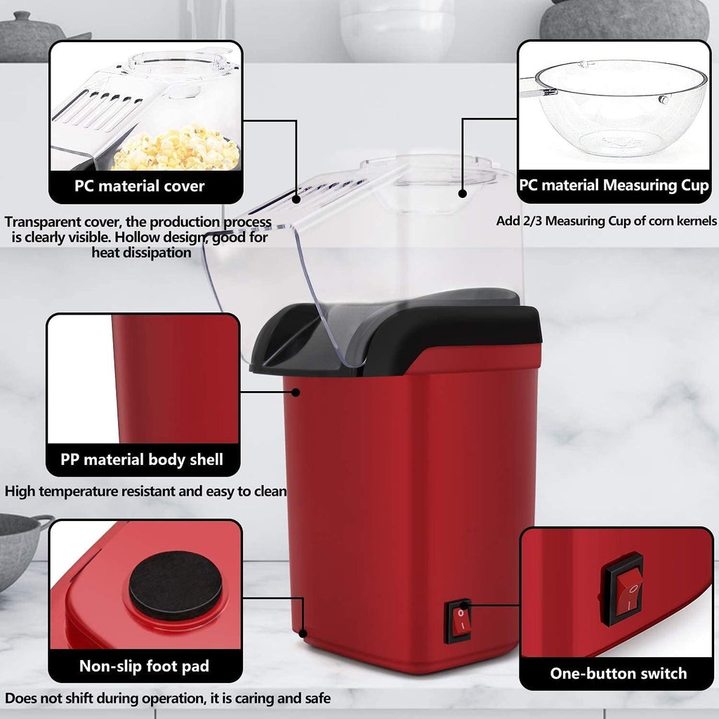 Electric Popcorn Maker Machine - Hot Air Popper with 1200W, No Oil Needed, Healthy and Delicious Snack for Kids, Adults. Great for Holding Parties in Home and Watching Movies with Family