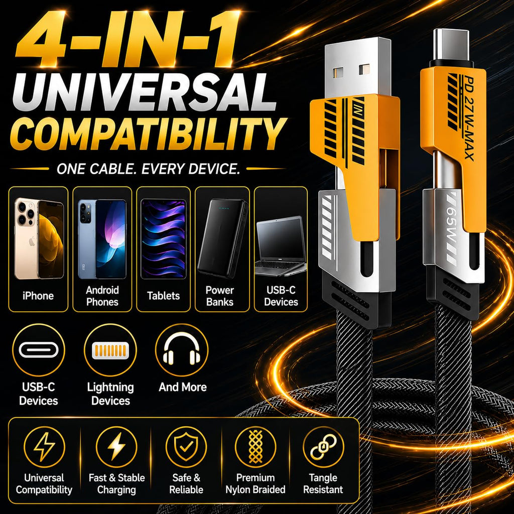 4-In-1 USB-C Charging Cable, Tangle-Free Nylon Braided Multi Charging Cord, USB-A & USB-C Inputs, PD 27W Fast Charge, Compatible with Iphone, USB-C Devices, Tablets & Phones (6.6FT)