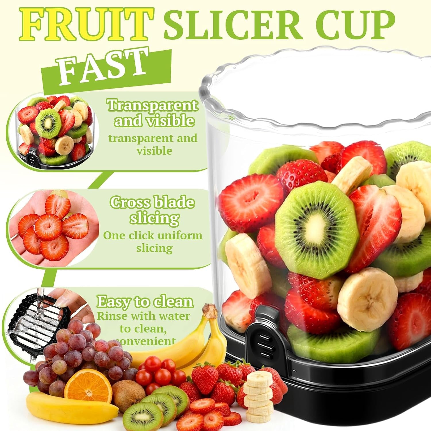 Strawberry Slicer, Black, 1-Pack | Stainless Steel Blades, Egg & Fruit Slicer Cup, for Banana, Cucumber, Mushroom, ABS Detachable, Precision Berry Cutter Tool