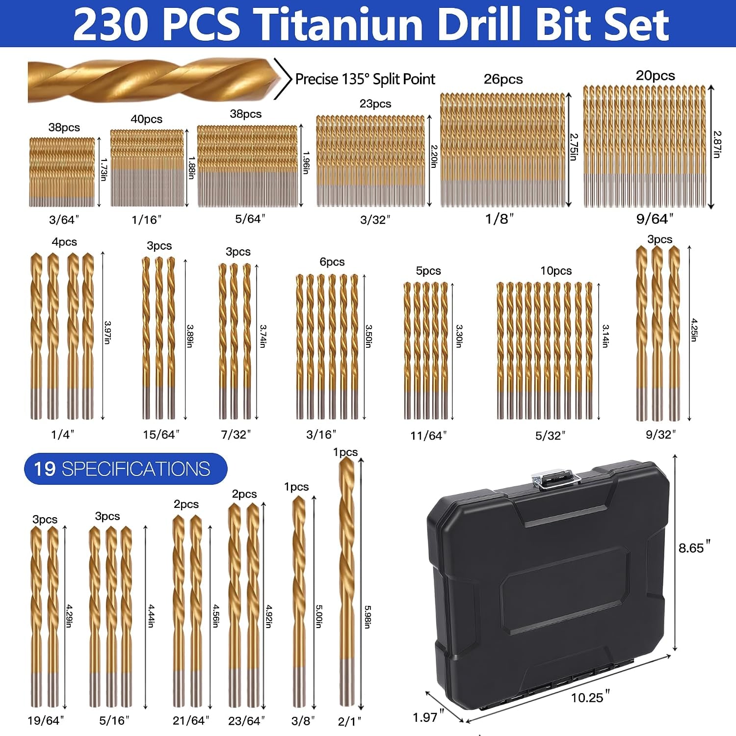 230 Pcs Titanium-Coated Twist Drill Bit Set, 3/64" to 1/2" | 135° Split Point, High-Speed Steel Bits, for Metal, Wood, Plastic, Aluminum, Cast Iron & Fiberglass