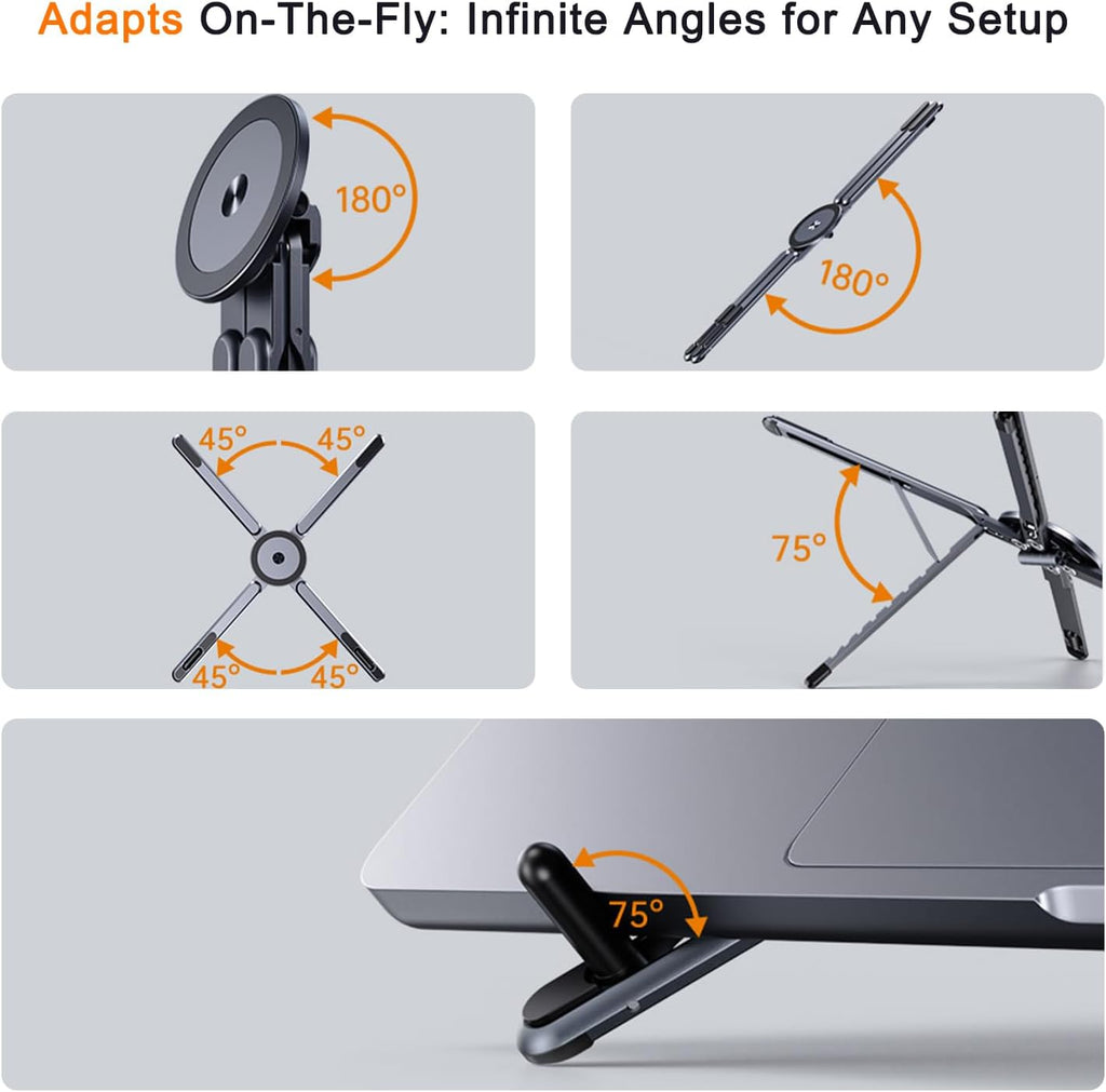 4-In-1 Foldable Laptop Stand, Portable Magnetic Phone Holder | N55 Magnets Magsafe Compatible, Pocket-Sized Tripod Handle for Macbook, Ipad, Travel & Vlog, Adjustable Ergonomic View Mount