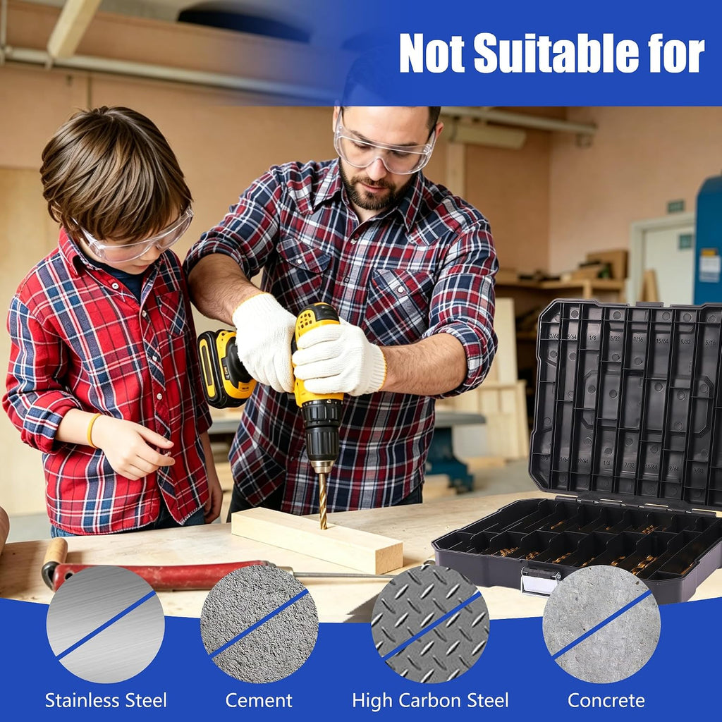 230 Pcs Titanium-Coated Twist Drill Bit Set, 3/64" to 1/2" | 135° Split Point, High-Speed Steel Bits, for Metal, Wood, Plastic, Aluminum, Cast Iron & Fiberglass