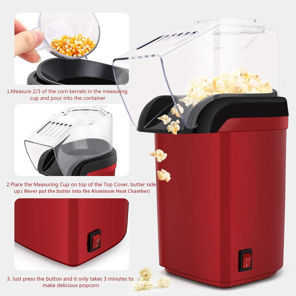Electric Popcorn Maker Machine - Hot Air Popper with 1200W, No Oil Needed, Healthy and Delicious Snack for Kids, Adults. Great for Holding Parties in Home and Watching Movies with Family