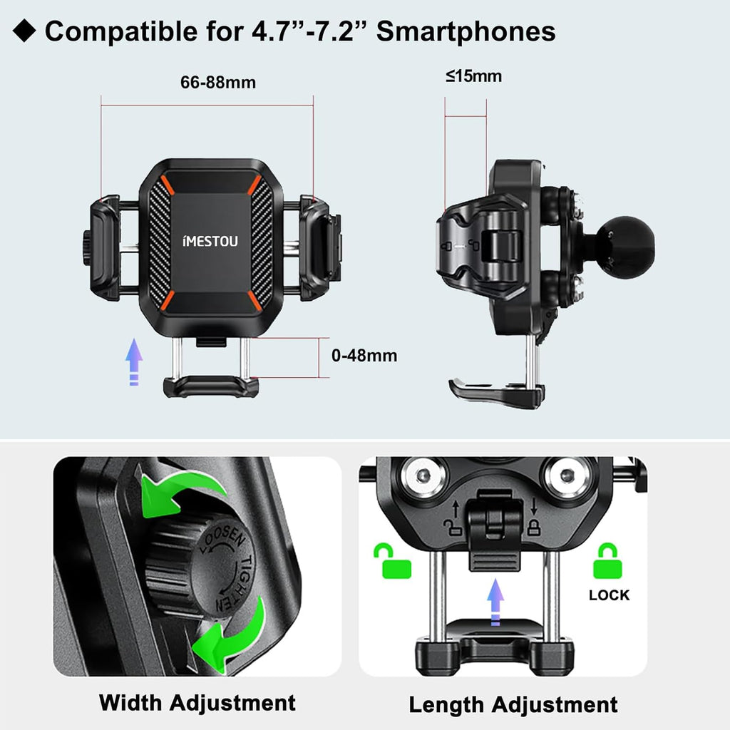 Premium Motorcycle Phone Mount with 15W Wireless Charger & 36W USB-C Port - Shock Absorbing Design for 5.4"-7.2" Phones, Compatible with 12-24V Vehicles