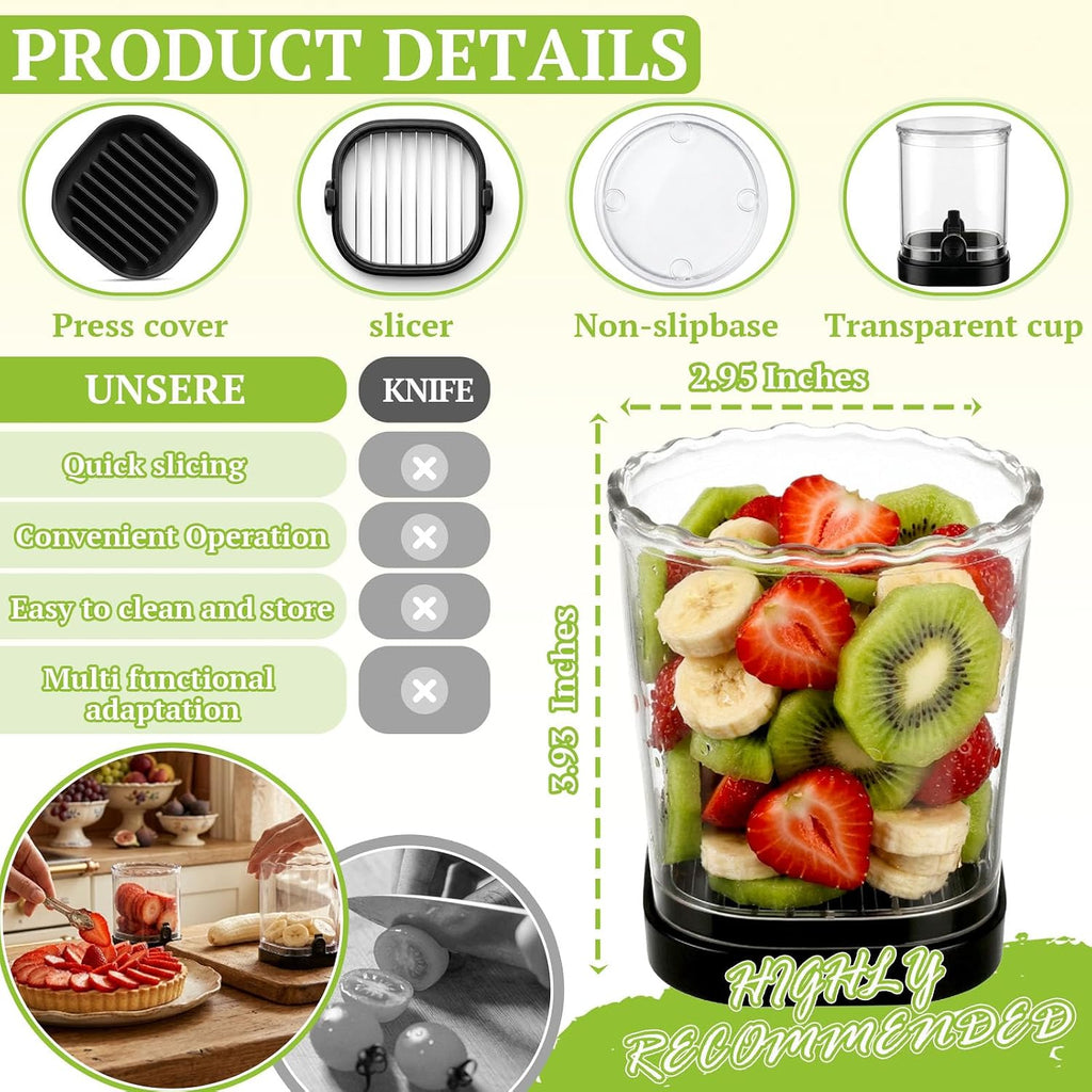 Strawberry Slicer, Black, 1-Pack | Stainless Steel Blades, Egg & Fruit Slicer Cup, for Banana, Cucumber, Mushroom, ABS Detachable, Precision Berry Cutter Tool