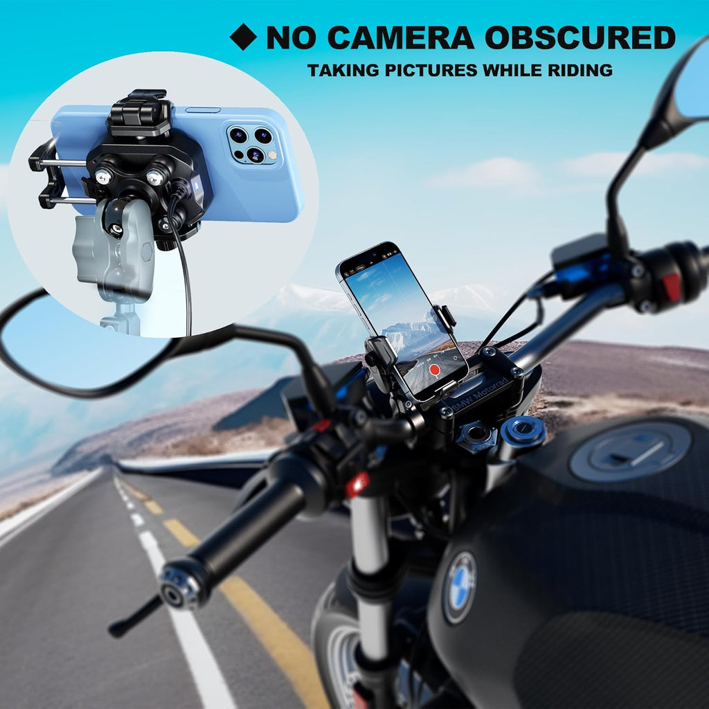 Premium Motorcycle Phone Mount with 15W Wireless Charger & 36W USB-C Port - Shock Absorbing Design for 5.4"-7.2" Phones, Compatible with 12-24V Vehicles