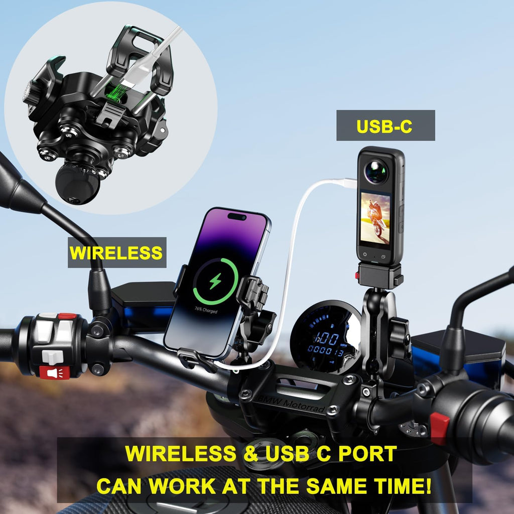 Premium Motorcycle Phone Mount with 15W Wireless Charger & 36W USB-C Port - Shock Absorbing Design for 5.4"-7.2" Phones, Compatible with 12-24V Vehicles