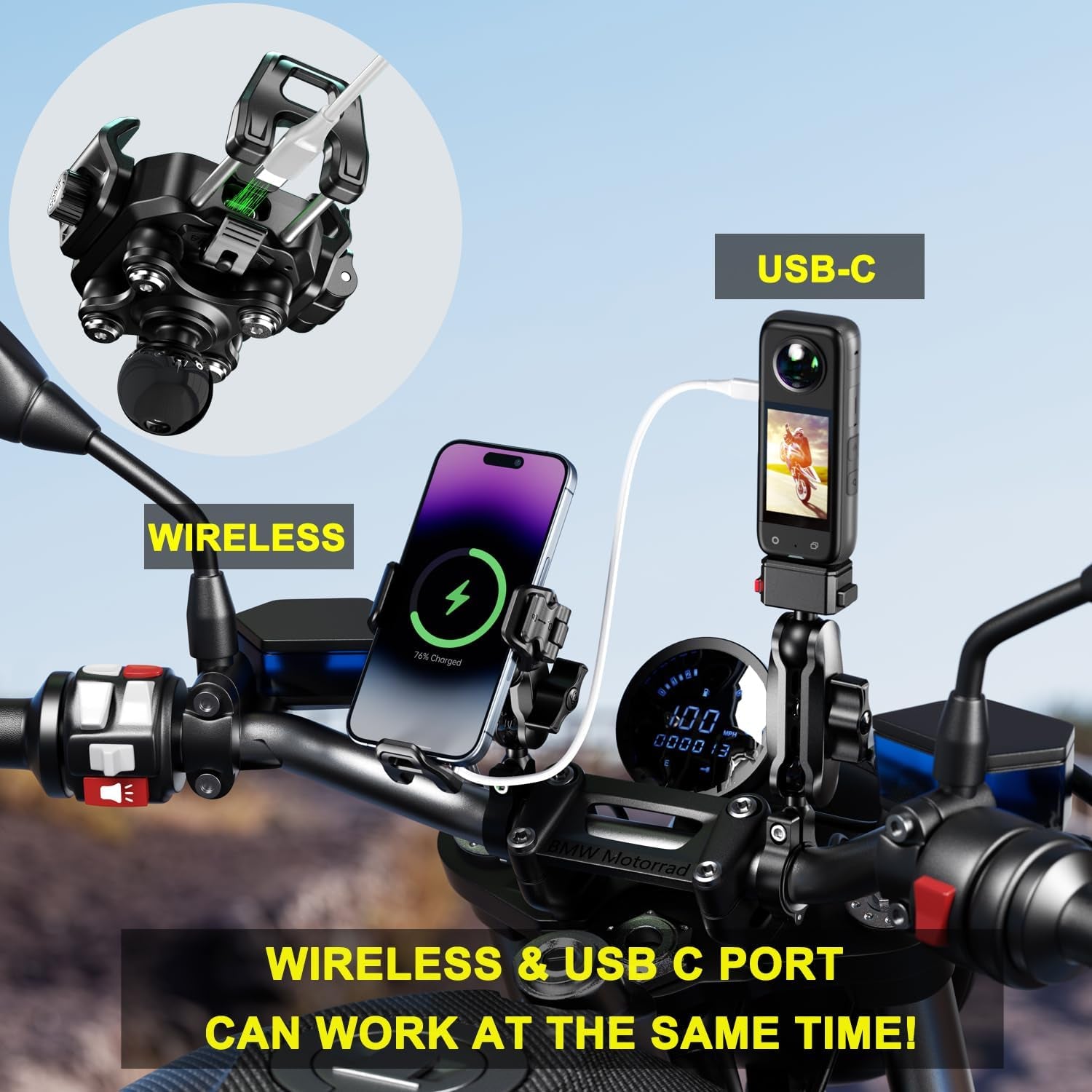Premium Motorcycle Phone Mount with 15W Wireless Charger & 36W USB-C Port - Shock Absorbing Design for 5.4"-7.2" Phones, Compatible with 12-24V Vehicles